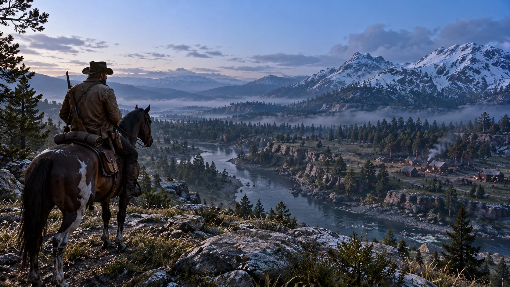 At blue hour a rider on a paint horse pauses on a rocky ridge and looks down over a misty river valley, a small camp with a smoking chimney and campfires, and snow-capped mountains.