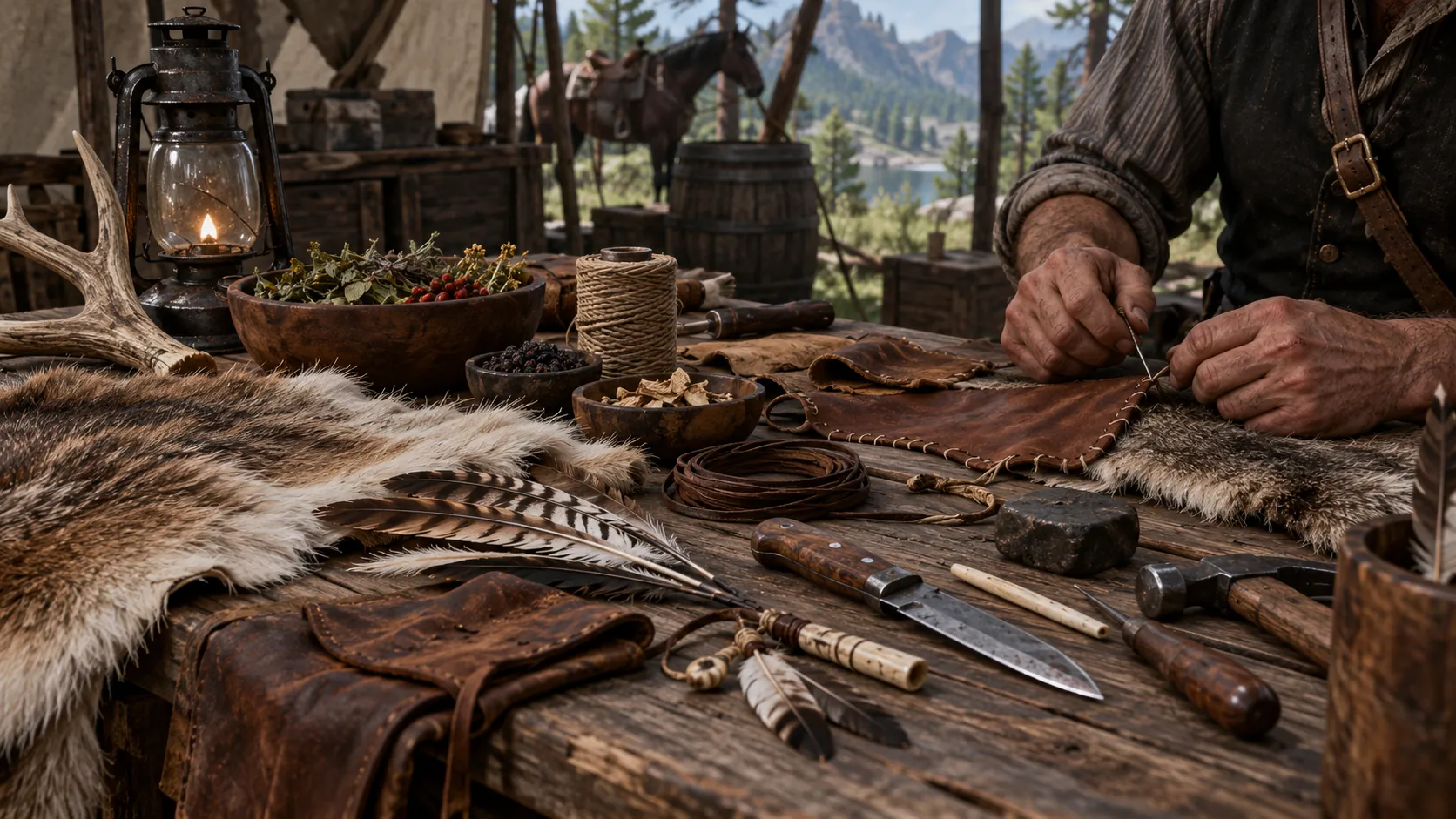 A crafting table in a camp tent: a man's hands stitch a leather pouch with a needle beside a fur pelt, turkey feathers, a ball of twine, a bowl of herbs and berries, a hunting knife, a hammer, an awl, an antler and a lantern, with a horse and a mountain lake beyond.