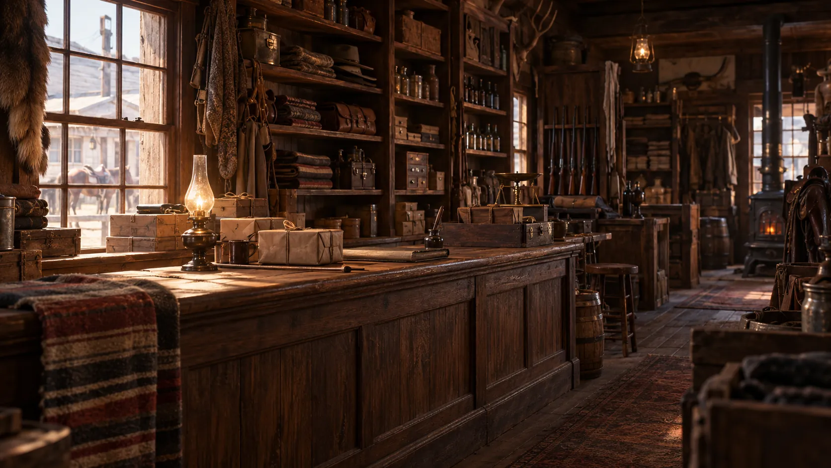 The inside of a frontier general store at a long wooden counter, with a lit oil lamp, string-tied paper parcels and a small crate on top, shelves of folded blankets, bottles and boxes behind, a rack of rifles and a stove, and horses outside the window.