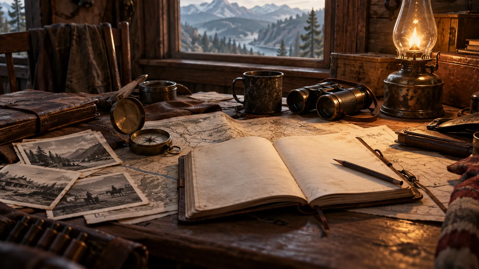 A wooden desk by a window with a view of misty mountains: an open blank journal and a pencil lie on spread maps beside black-and-white photographs, a brass compass, binoculars, an enamel mug and a glowing oil lamp, with a leather book, a belt of cartridges and a striped blanket at the edges.