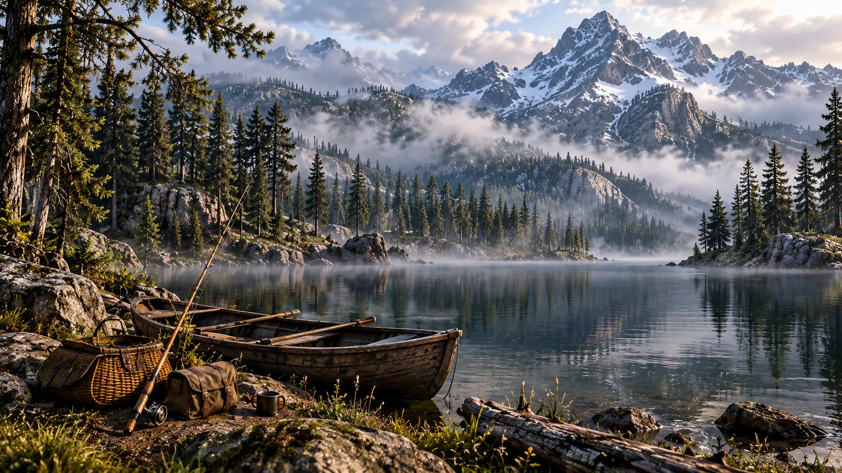 A wooden rowboat, a wicker creel, a satchel and a fishing rod on the shore of a still mountain lake, with mist, pine forest and snow-capped peaks beyond.