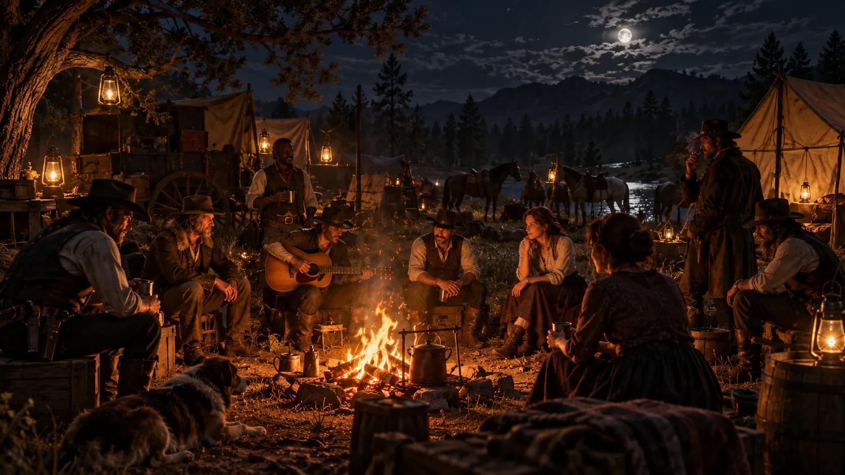 An outlaw camp at night: people sit around a campfire under a full moon while one plays guitar, with tents, wagons, lanterns and horses behind them and a dog resting in front.