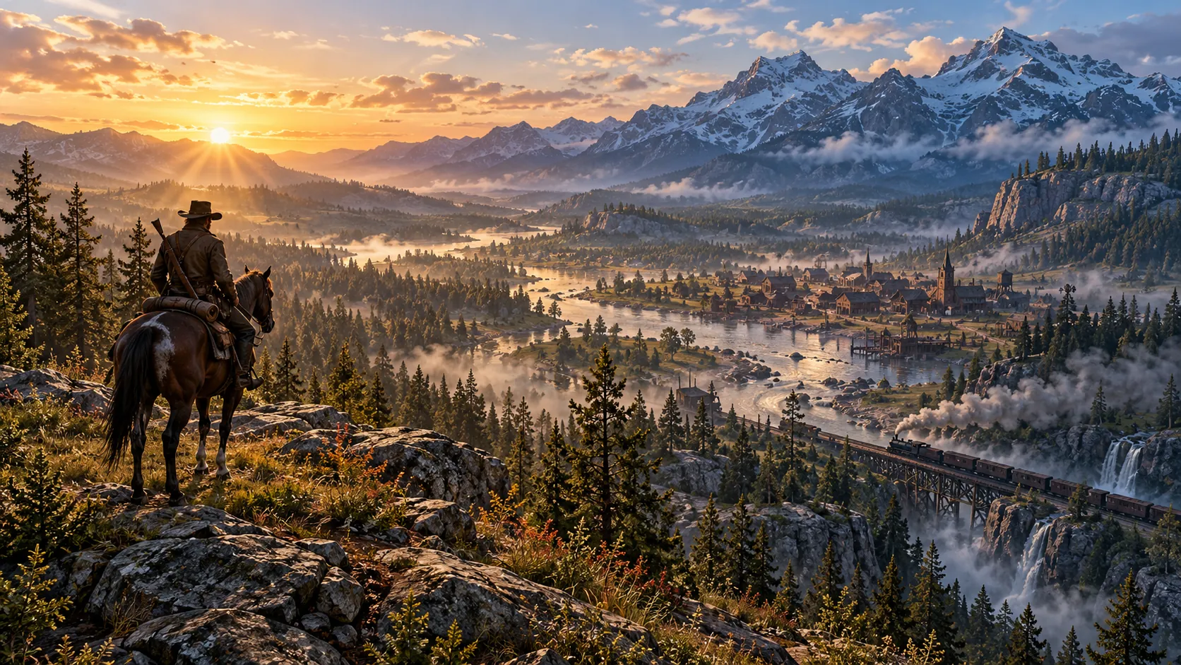 A rider on horseback on a rocky overlook at sunrise, looking over a misty river valley with a frontier town, a steam train on a trestle bridge and snow-capped mountains.