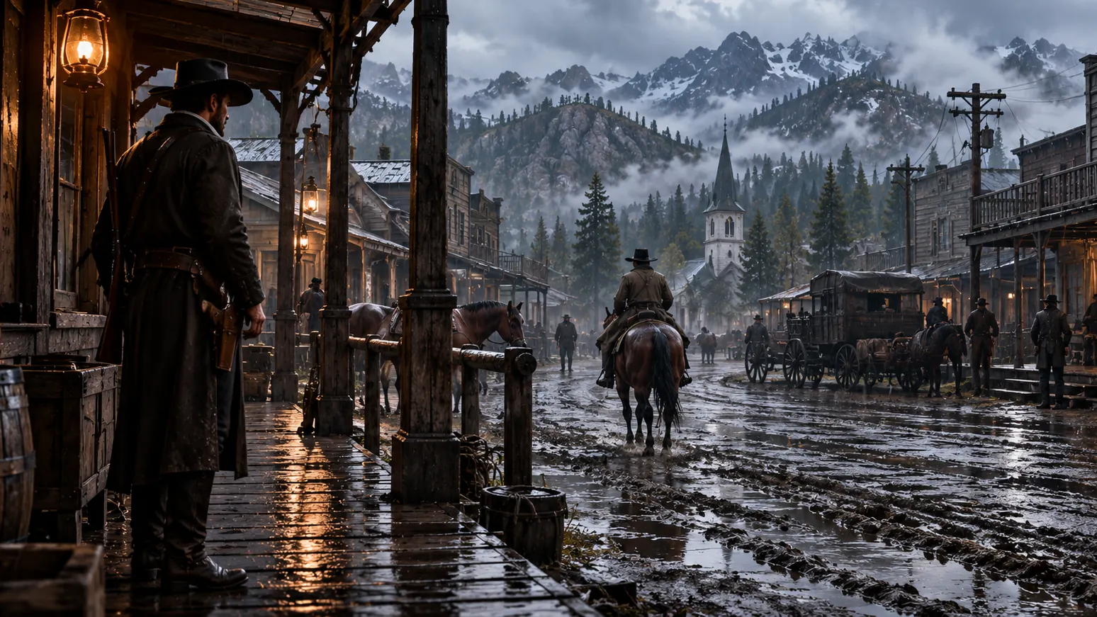 An armed man in a long coat stands on a lantern-lit boardwalk in the rain, watching a rider on horseback pass along a muddy town street, with a church steeple and misty mountains beyond.