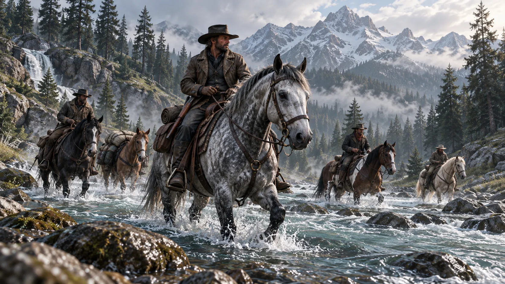 Five riders on horseback crossing a shallow, rushing mountain river, with a dapple-gray horse in front and a waterfall and snow-capped peaks behind.