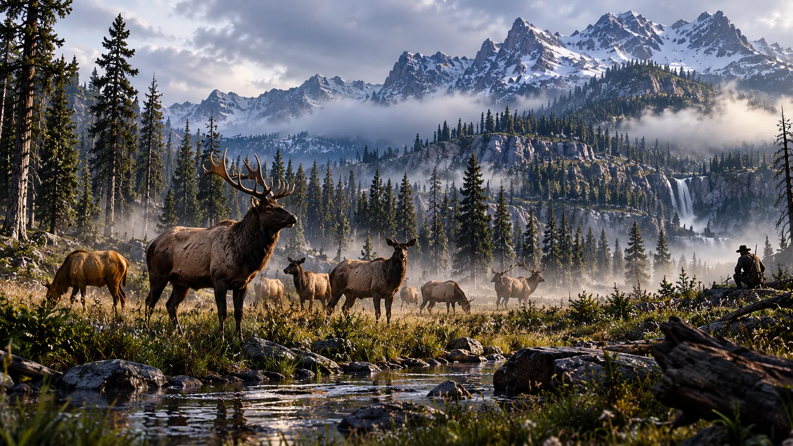 A herd of elk grazing in a misty mountain meadow beside a stream, with a waterfall, pine forest and snowy peaks behind and a hunter watching from a rock at the edge of the trees.