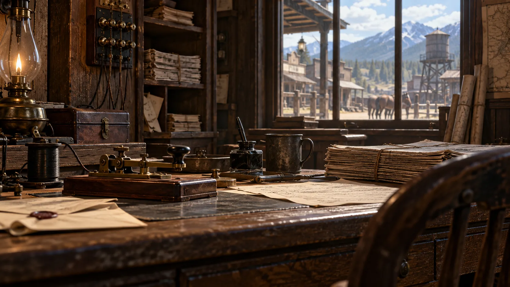 A frontier telegraph office desk with a brass telegraph key on a wooden base, a spool of wire and a wiring board, bundled newspapers and letters, a wax-sealed envelope, an inkwell and a lit oil lamp, beside a window onto a street with a water tower, hitched horses and mountains.