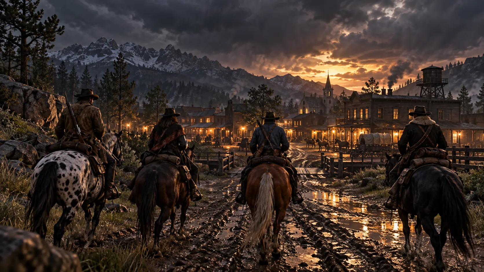 Four riders on horseback, seen from behind, heading down a muddy road toward a lamp-lit frontier town under a stormy sunset.