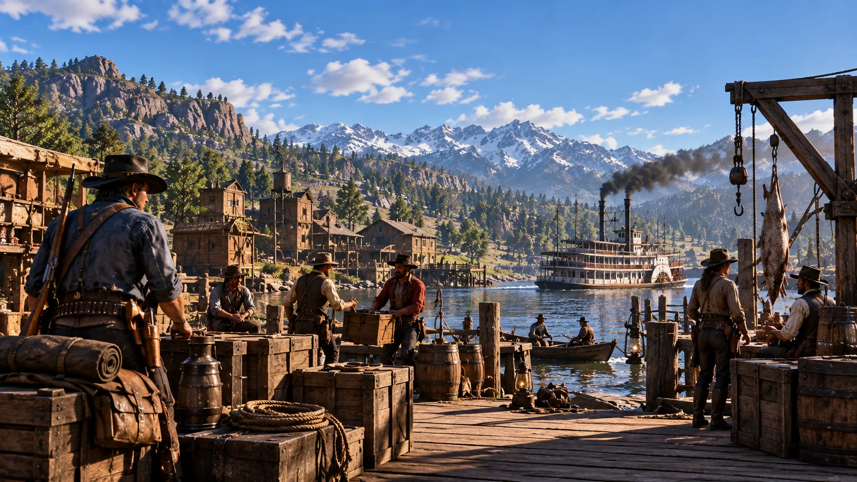 Men in hats and vests pass crates and barrels along a busy wooden riverside dock in bright daylight, with a man carrying a rifle on his back in the foreground, a large fish hanging from a crane at the right, two men rowing a small boat, and a paddle steamer sending up black smoke on the water below wooden buildings, forested hills and snow-capped mountains.