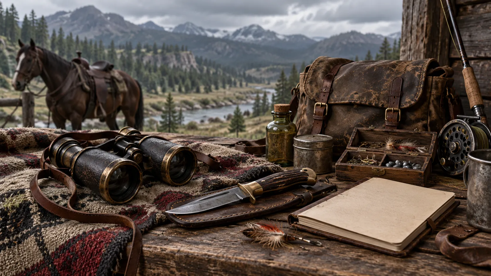 A field kit laid out on a rough porch rail and wool blanket: binoculars, a hunting knife in its sheath, a worn leather satchel, a glass bottle, a tackle box, a fly-fishing reel and rod, a feather lure and a blank notebook, with a saddled horse and a river valley behind under an overcast sky.