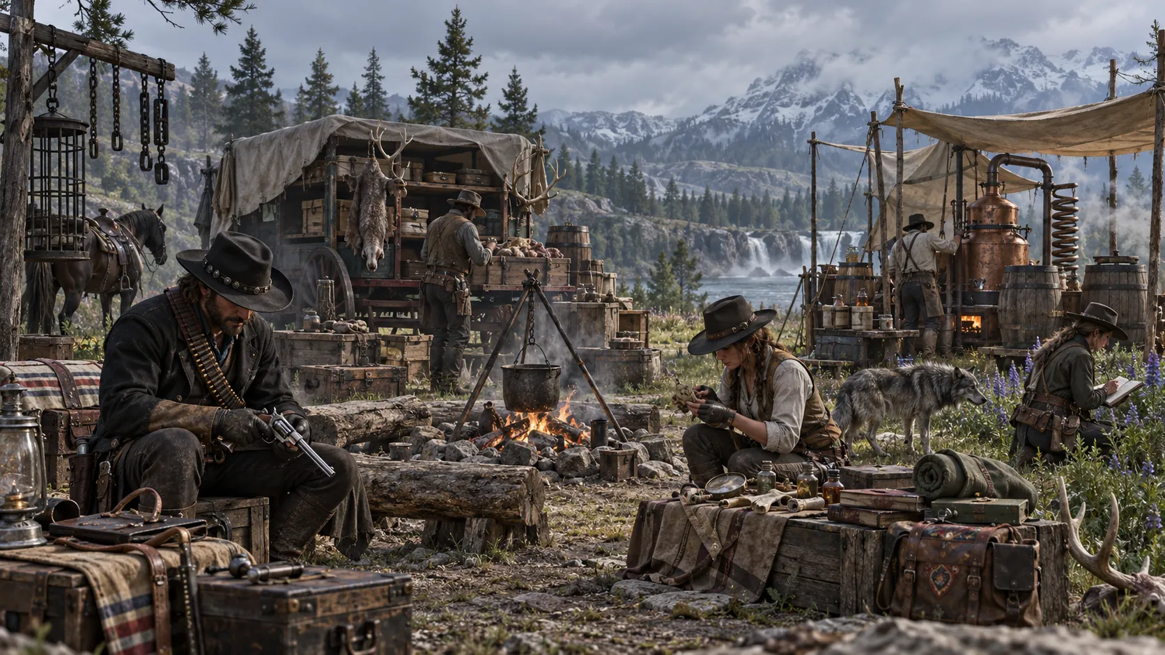 A frontier camp under an overcast sky: a man in a black hat checks a revolver, a woman sorts small curios, another writes in a notebook and a worker loads a trader's wagon, beside a copper still, barrels, a campfire, a wolf and a waterfall.