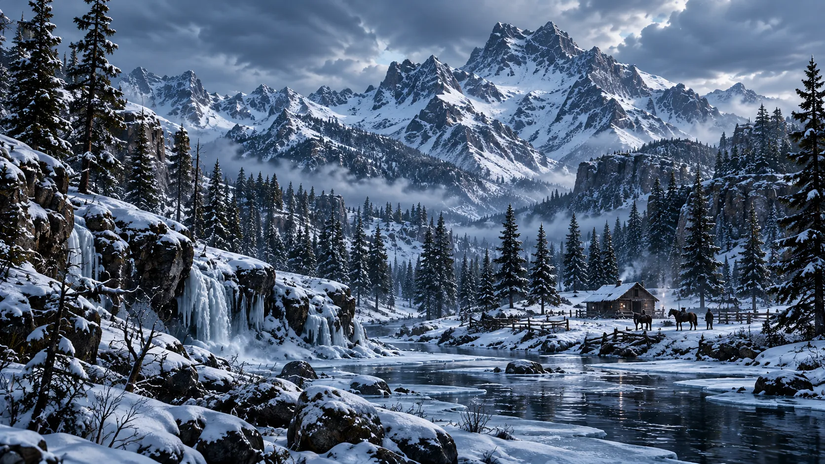 A snowbound mountain valley with a frozen waterfall and an ice-edged river, a small log cabin with two horses and a figure outside, under dark clouds and snow-covered peaks.