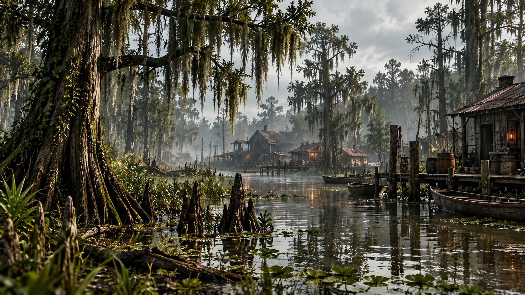 A cypress swamp under an overcast sky, with moss-hung trees, still dark water, rowboats and a lantern-lit wooden shack on a dock.