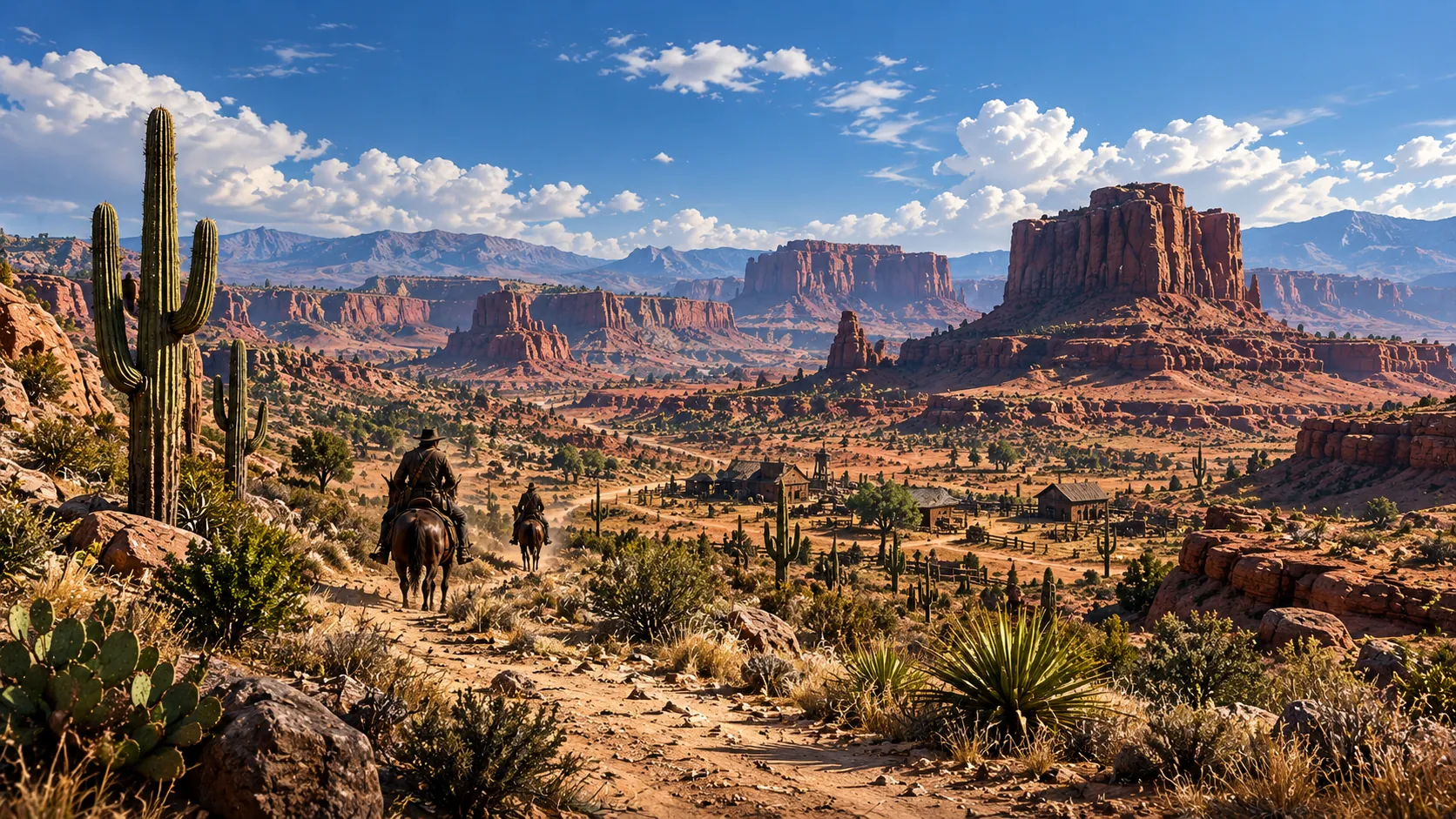 Two riders on a dusty trail through a desert of saguaro cactus and red mesas, with a small settlement in the distance under a deep blue sky.