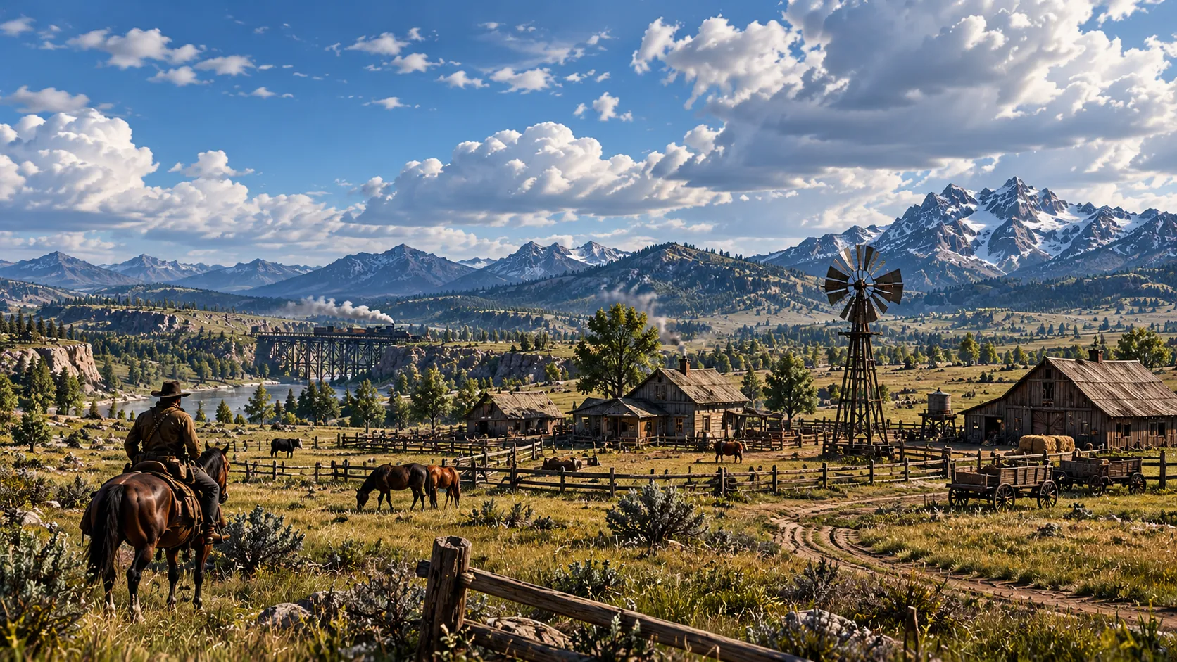 A rider on horseback looking over a ranch with a windmill, barns and a corral on open grassland, with a railway trestle and snowy mountains under big clouds.