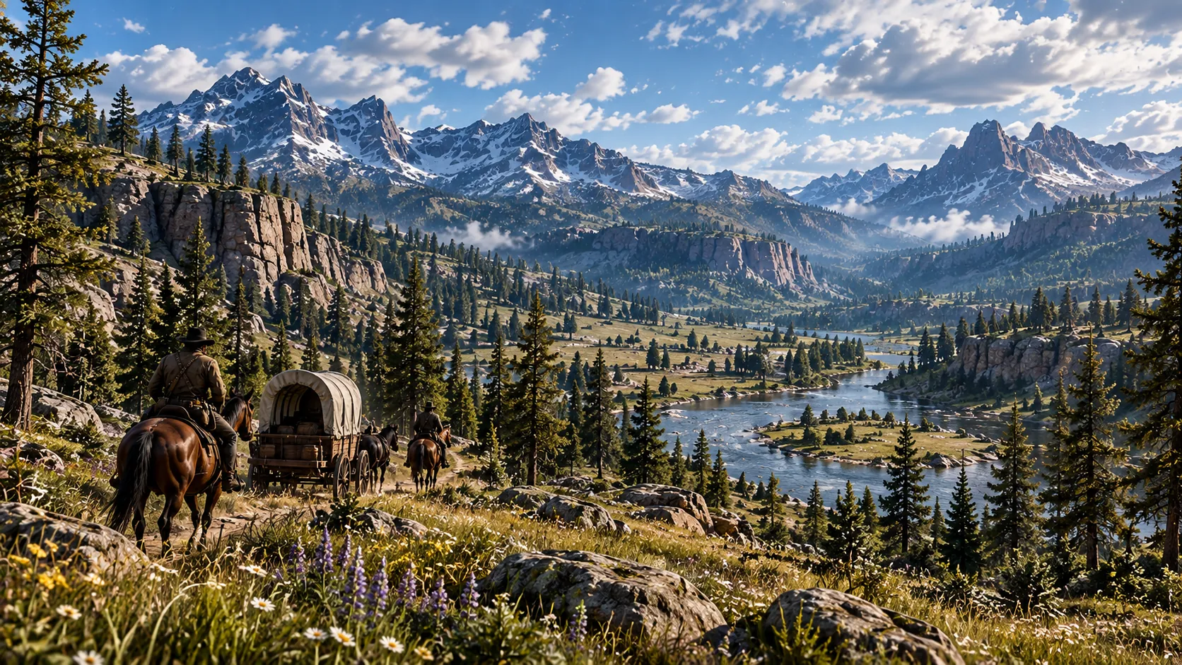 A rider and a covered wagon on a mountain trail above a pine-filled river valley, with wildflowers in the foreground and snow-capped peaks beyond.