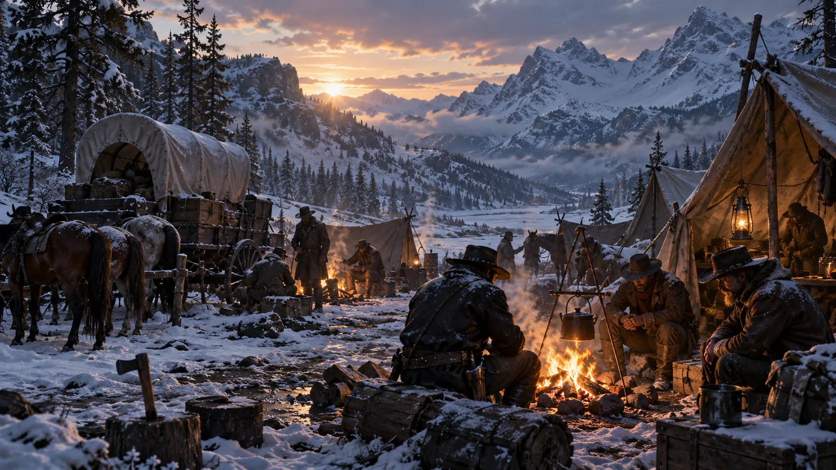 A snowbound mountain camp at sunrise: a covered wagon and horses on the left, men in heavy coats around a campfire with a hanging kettle, and canvas tents on the right.