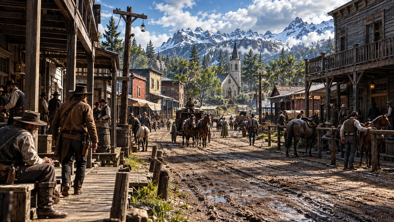 A muddy frontier town street lined with wooden saloons and shops, people on the boardwalks, a horse-drawn wagon in the road and a white church steeple with snowy mountains beyond.