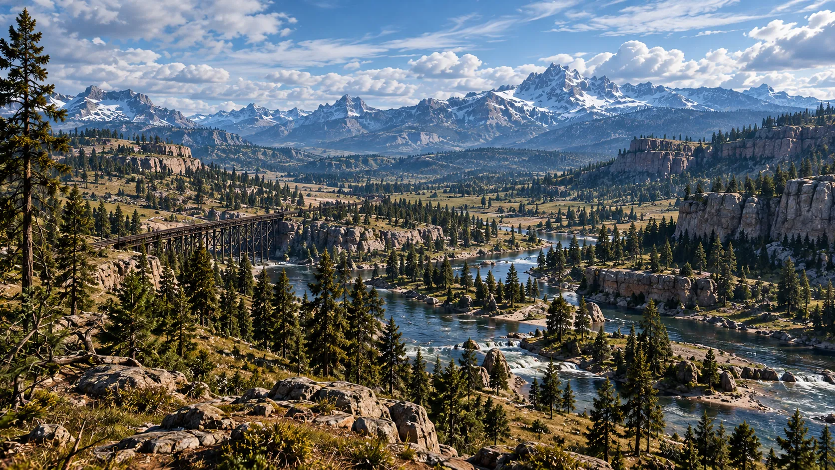 A river winding through a pine-covered valley below a wooden railway trestle, with rocky cliffs and snow-capped mountains under a partly cloudy sky.